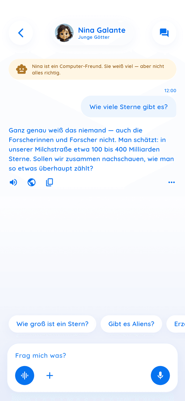 Bildschirmfoto eines Gesprächs in Kiluni mit dem Hinweis, dass der Begleiter ein Computer-Freund ist, und mit Sprach-Eingabe.