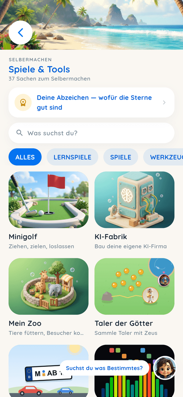 Bildschirmfoto des Bereichs Spiele und Tools in Kiluni mit Minigolf, KI-Fabrik und Mein Zoo.