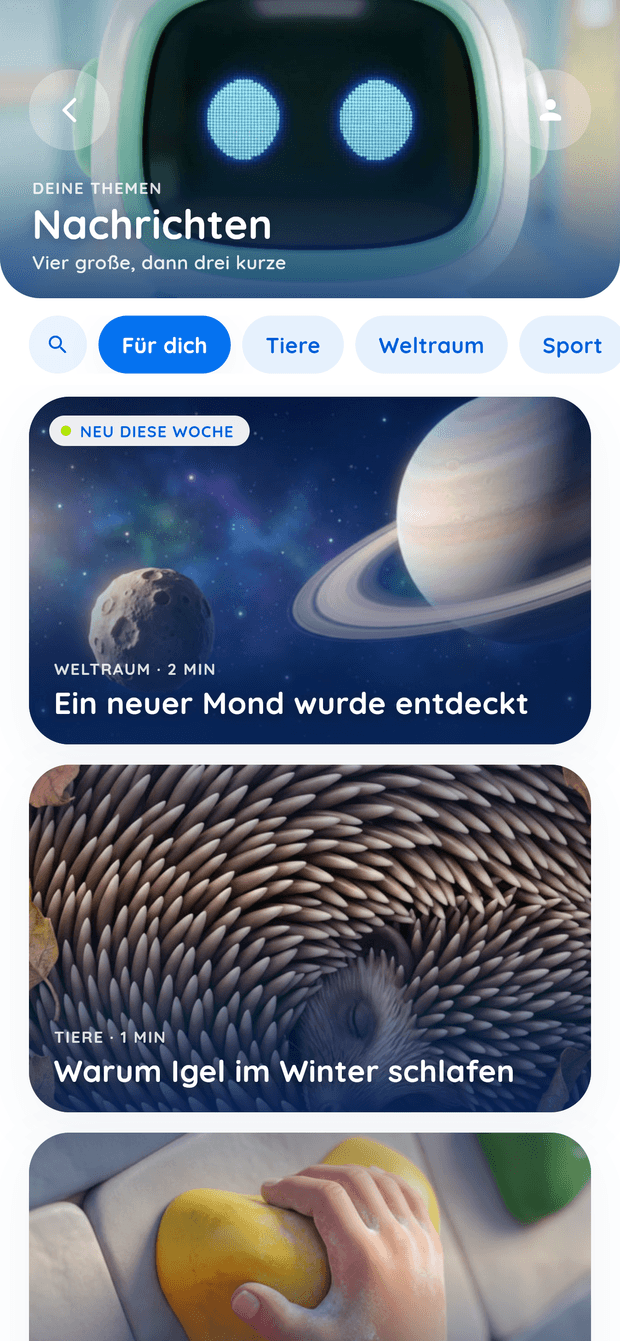 Bildschirmfoto des Nachrichten-Bereichs in Kiluni mit Beiträgen zu Weltraum und Tieren.