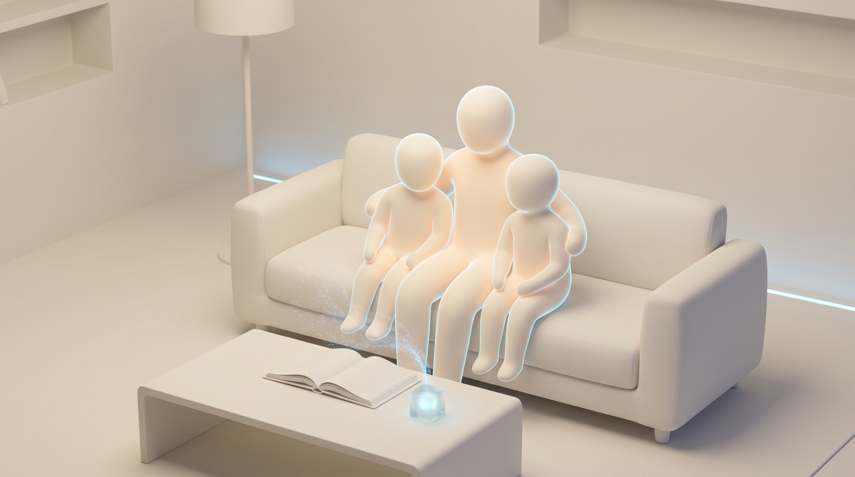 Family on the sofa with an open book and a glowing AI cube on the coffee table – hours that count.