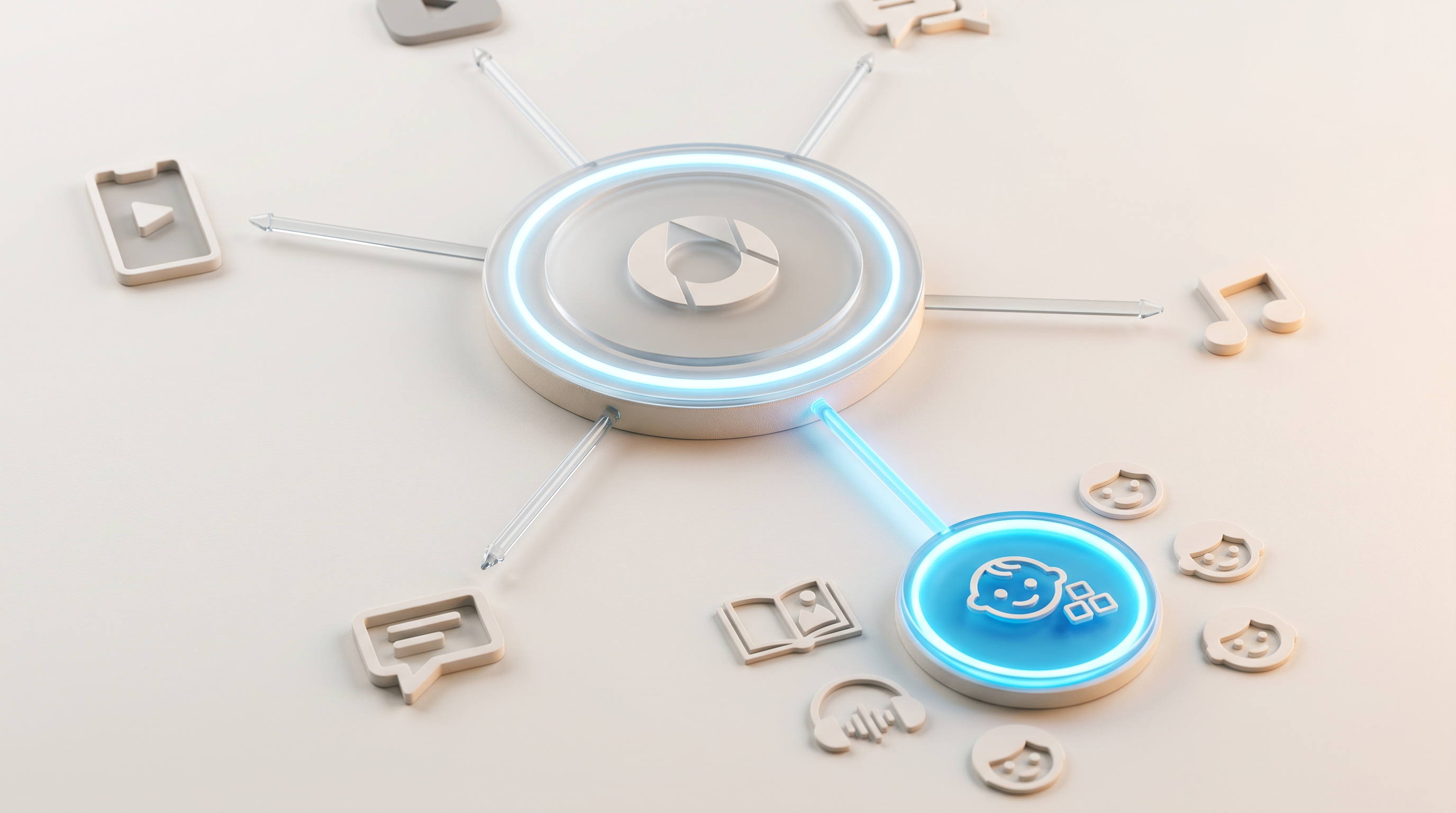 Central AI platform disc with glowing beams radiating to topic-world icons – video, chat, music, school, learning, family.