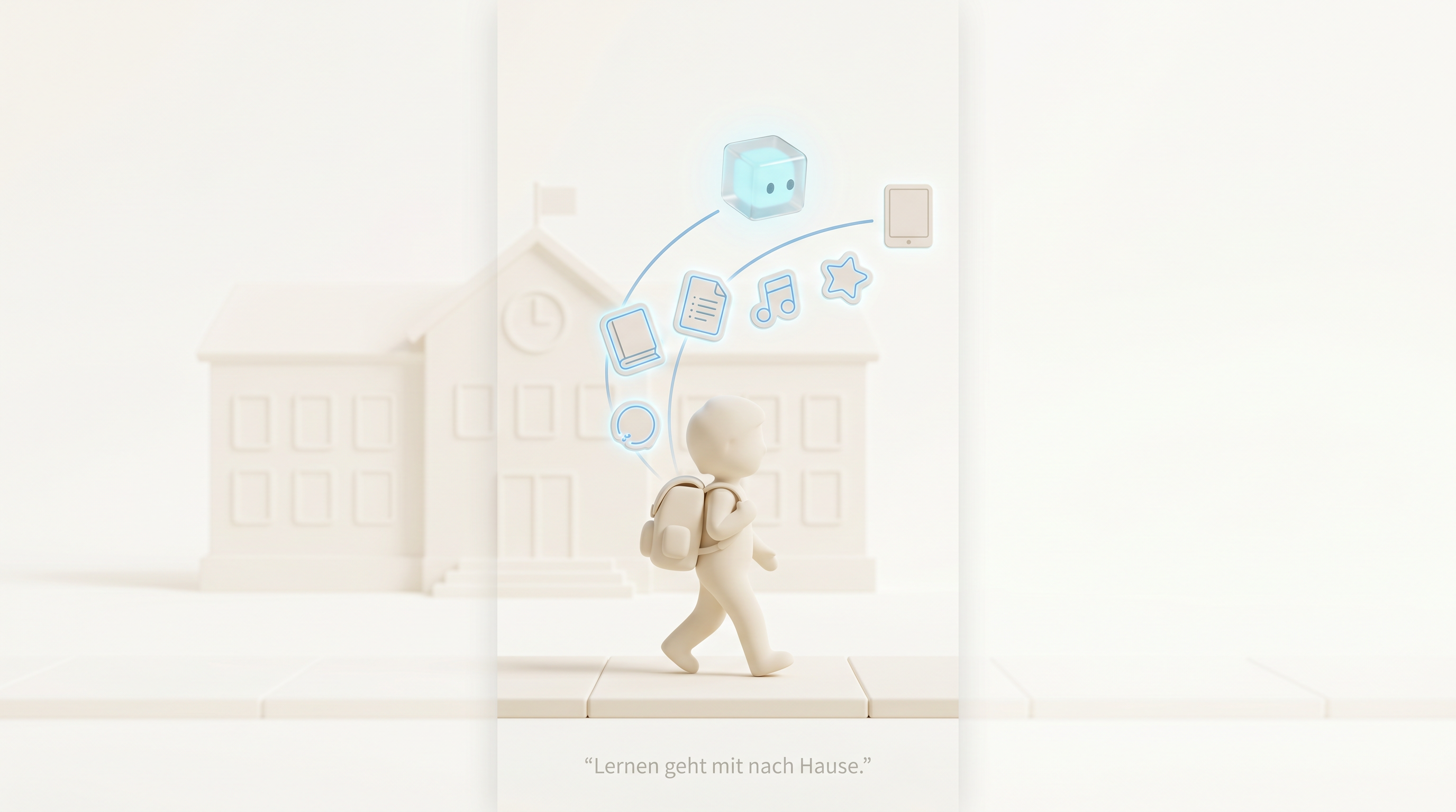 Child with school backpack walking from school, knowledge icons floating along – „Learning comes home.“