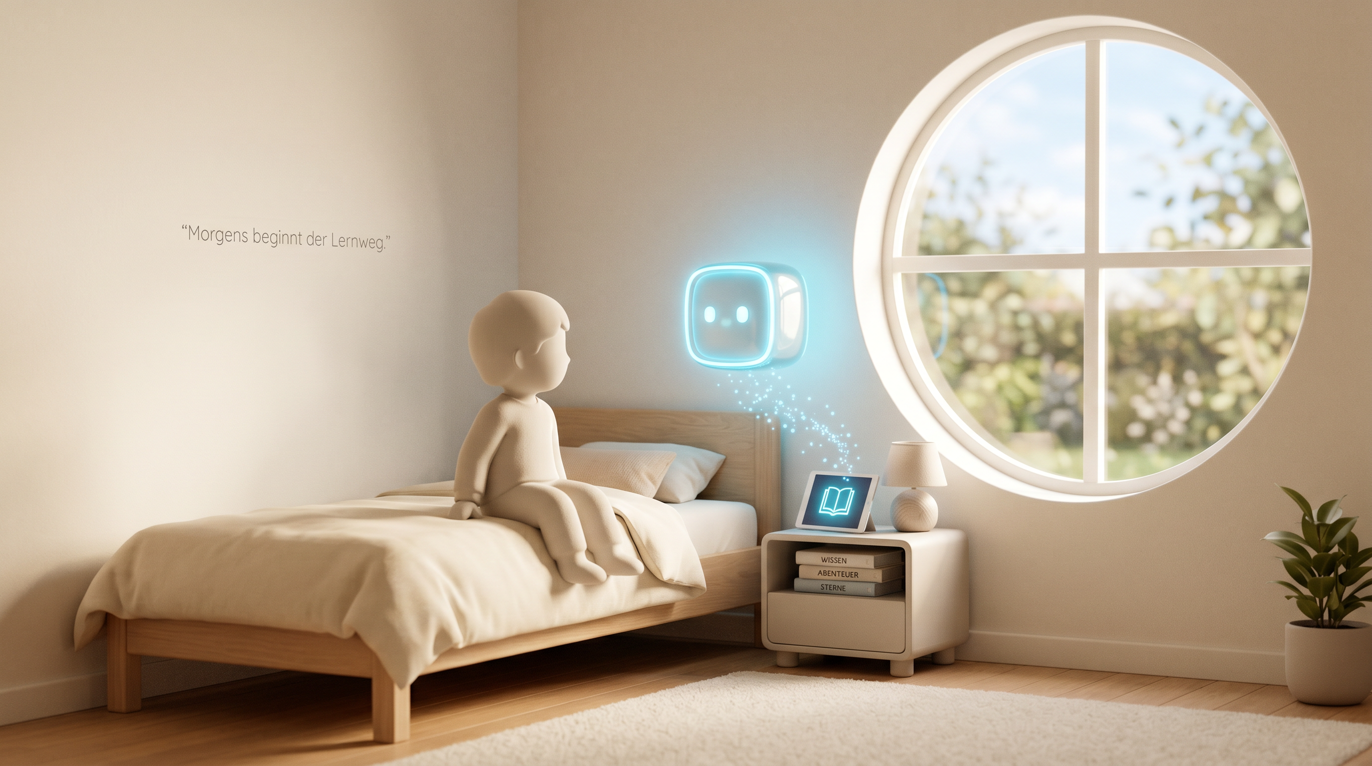 Child in bed looking towards a glowing AI cube on the nightstand – „Morning starts the learning journey.“