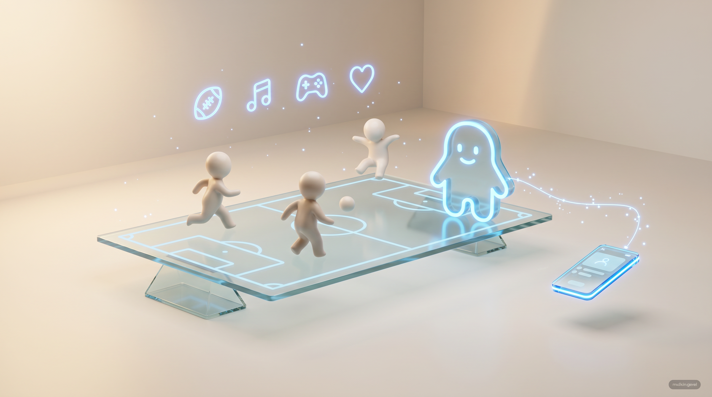 Children on a glass play field with a mascot AI companion – identification, movement, community.