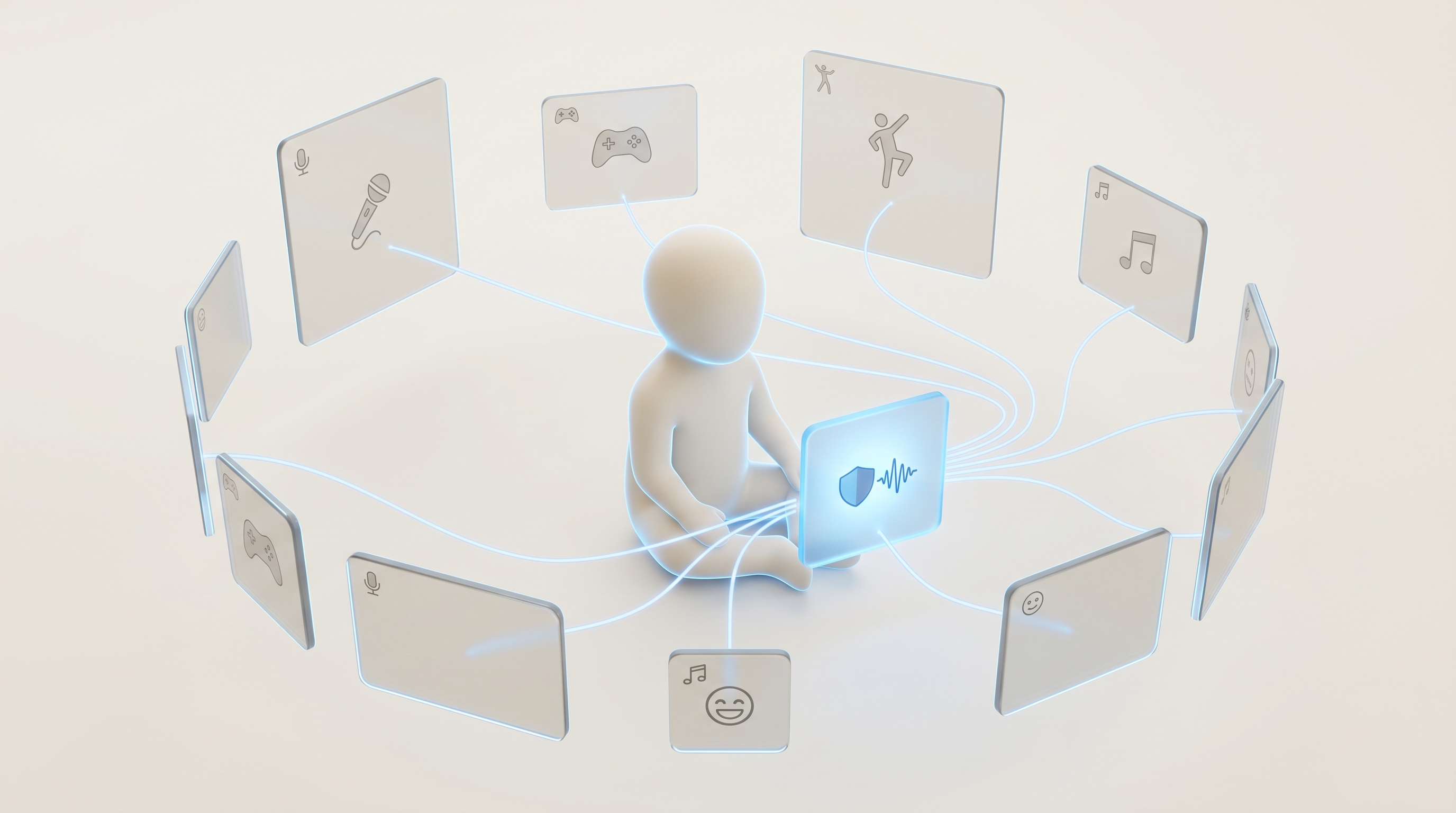 Seated child surrounded by media tiles (microphone, gaming, music, movement) – connected to a central Safe-AI layer.