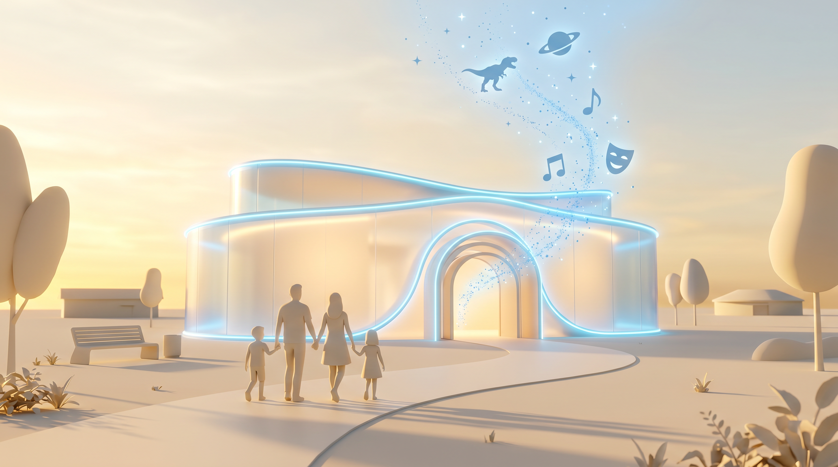 Children on a glass play surface with sports and music icons and a ghost AI companion – the magic of places.